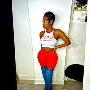 ❤️💙 denim, jeans, red on the top and denim jeans on the bottom❤️💙